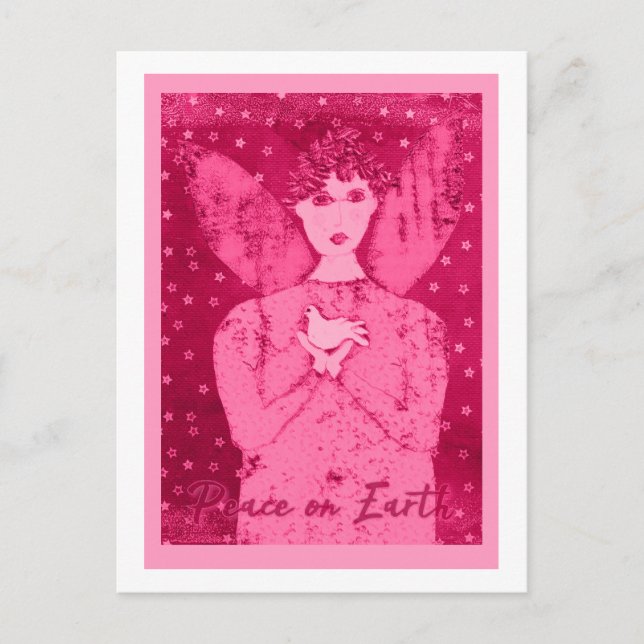 Cartão Postal De Festividades Anjo Primitivo Rosa com Cartão de Férias de Pombo  (Frente)