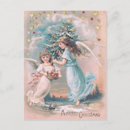 Cartão Postal De Festividades Anjo Querubim Árvore de Natal Maçã Estrelas