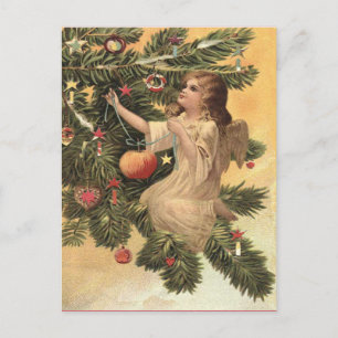 Cartão Postal De Festividades Anjo vintage no Natal da árvore