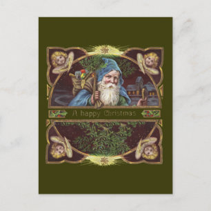 Cartão Postal De Festividades Anjos do Papai Noel Vitorianos Azul Natal Arte Ant