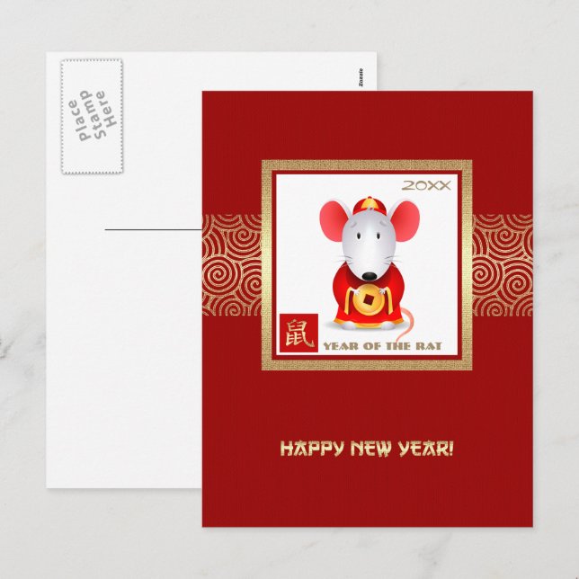 Cartão Postal De Festividades Ano Chinês do Rato. Ano Personalizado (Frente/Verso)