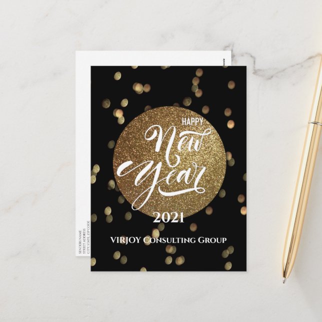 Cartão Postal De Festividades Ano Novo 2021| Confetti Dourado empresarial (Frente/Verso In Situ)