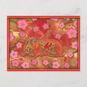 Cartão Postal De Festividades Ano Novo Chinês Coelho Vermelho Dourado Flor de Ce