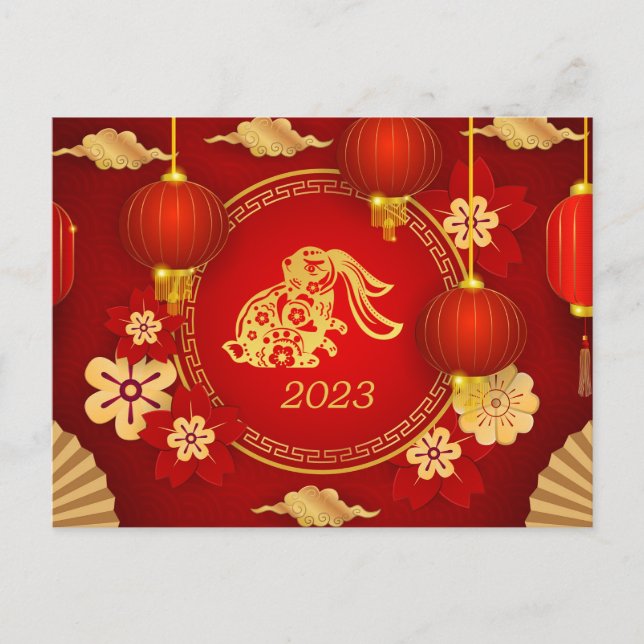 Cartão Postal De Festividades Ano Novo Chinês de Ornamentos de Coelho Vermelho F (Frente)