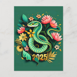 Cartão Postal De Festividades Ano Novo Chinês do Cobra de Madeira 2025 para a mu