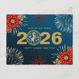 Cartão Postal De Festividades Ano Novo Chinês Dourado Azul do Coelho