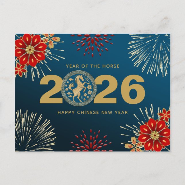 Cartão Postal De Festividades Ano Novo Chinês Dourado Azul do Coelho (Frente)