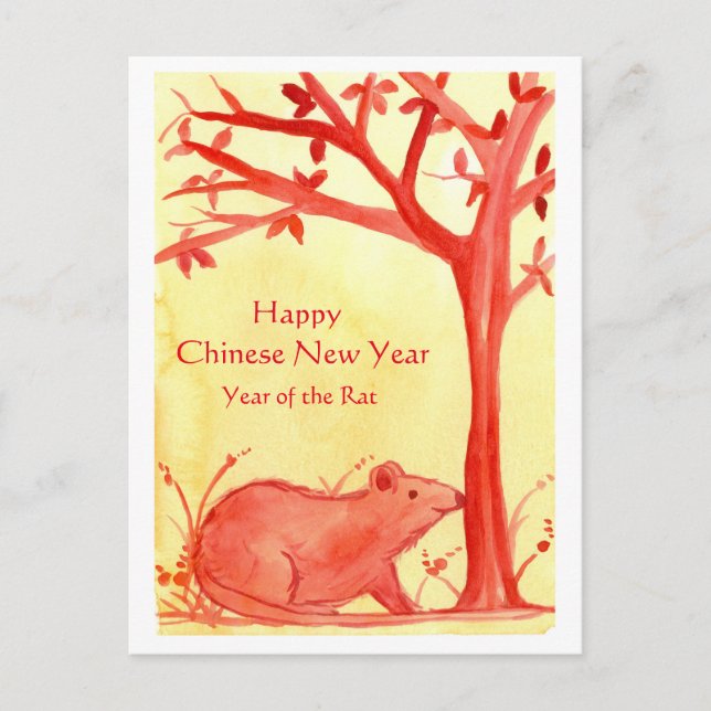 Cartão Postal De Festividades Ano novo chinês feliz da aguarela do rato (Frente)