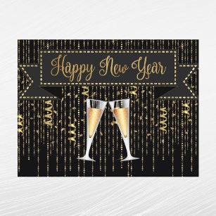 Cartão Postal De Festividades Ano Novo do Champanhe Dourado Negro Elegante