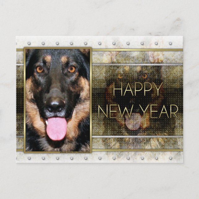 Cartão Postal De Festividades Ano Novo - Elegância do Ouro - German shepherd Kun (Frente)