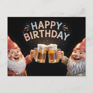 Cartão Postal De Festividades Anões "Feliz Aniversário" Brindando com Canecas de