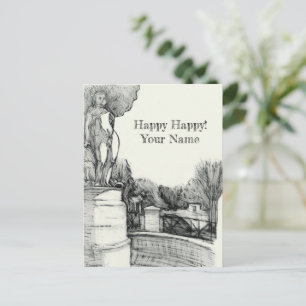 Cartão Postal De Festividades Antiga fonte no parque com o menino da escultura