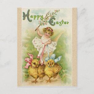Cartão Postal De Festividades Antique Vintage Easter girl & chicks greetings
