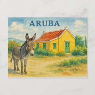 Cartão Postal De Festividades Aquarela da Casa Cunucu e Burro de Aruba