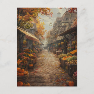 Cartão Postal De Festividades Aquarela da Rua do Mercado Agitado no Outono