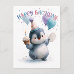 Cartão Postal De Festividades Aquarela de um Bebê Pinguim Feliz Aniversário