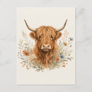 Cartão Postal De Festividades Aquarela de Vaca das Terras Altas Fofa