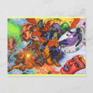 Cartão Postal De Festividades aquarela eros montando leoa deusa amor