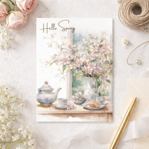 Cartão Postal De Festividades Aquarela Floral Verde Azul Olá Primavera