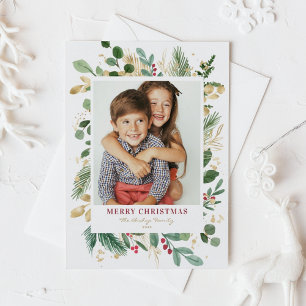 Cartão Postal De Festividades Aquarela Folha de Ouro Festivo Foto de Natal Feliz