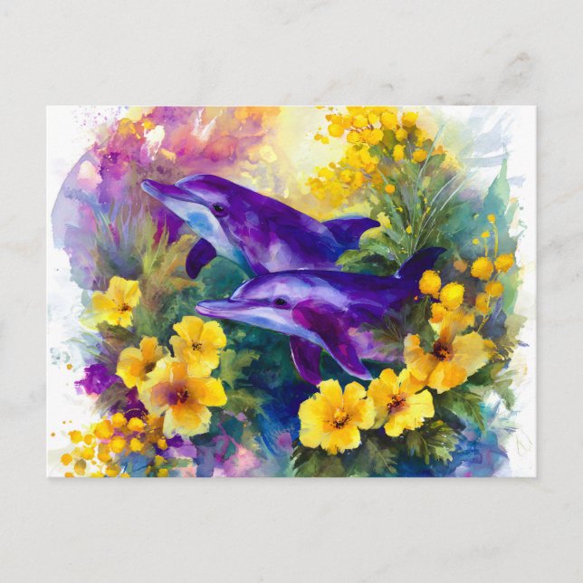 Cartão Postal De Festividades Aquarela Golfinhos Flores Tropicais Oceano (Frente)