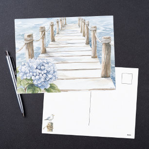 Cartão Postal De Festividades Aquarela Hidrangea Azul Cais Marítimo Costeiro