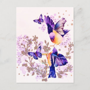 Cartão Postal De Festividades Aquarela Pássaros Floral Glitter Roxo
