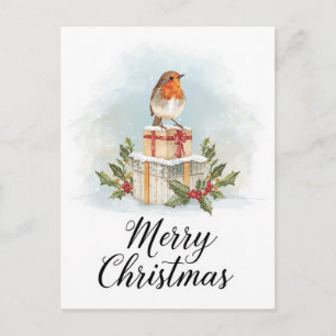 Cartão Postal De Festividades Aquarela Presentes de Robin Holly Feliz Natal