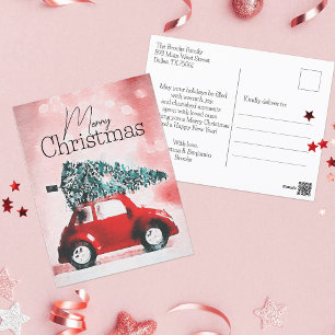 Cartão Postal De Festividades Aquarela Vintage Carro Vermelho Feliz Natal