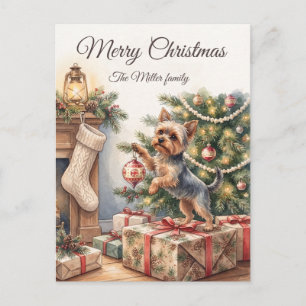 Cartão Postal De Festividades Aquarela Yorkshire Terrier Natal Personalizado