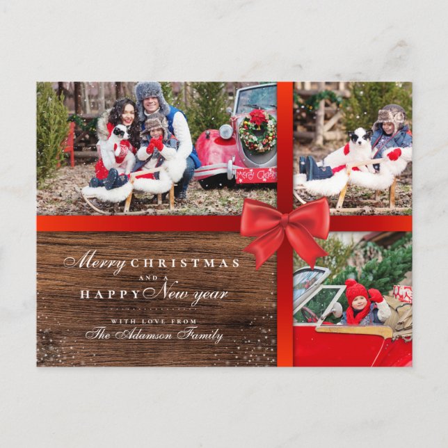 Cartão Postal De Festividades Arco de Natal Vermelho e Madeira | Colagem de Foto (Frente)