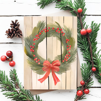 Cartão Postal De Festividades Arco Vermelho de Wreath de Natal | Pine Watercolor