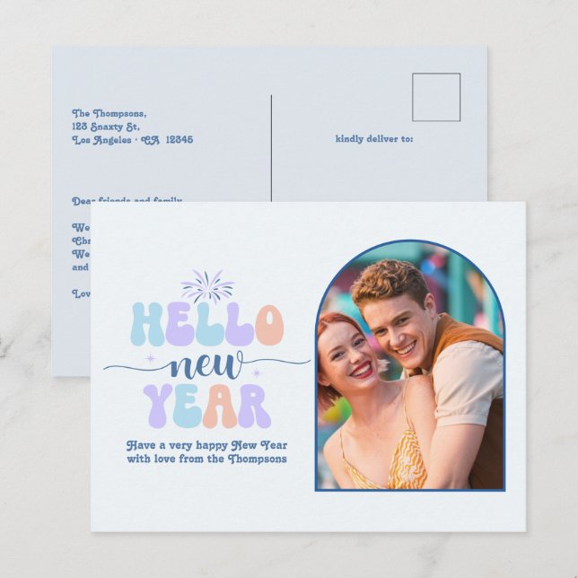 Cartão Postal De Festividades Arctic Bloom New Year Retro Modern Blue Photo (Frente/Verso)