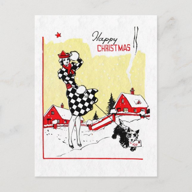 Cartão Postal De Festividades Art Deco Girl and Scotty Dog (Frente)