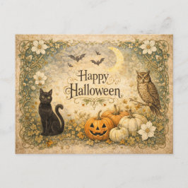 Cartão Postal De Festividades Art Nouveau Black Cat Owl Halloween