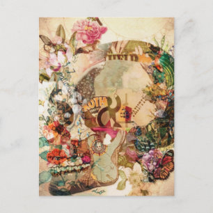 Cartão Postal De Festividades Art Vintage Sugar Skull Flowers