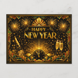 Cartão Postal De Festividades Arte Colorida a Ouro Art Déco Feliz Ano Novo
