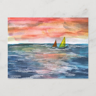 Cartão Postal De Festividades Arte de Aquarela de Navegação por Sunset Vibrante