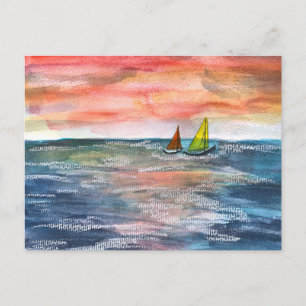 Cartão Postal De Festividades Arte de Aquarela de Navegação por Sunset Vibrante