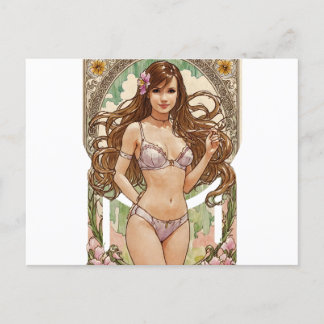 Cartão Postal De Festividades Arte de estilo Happy Brunette V2 Mucha