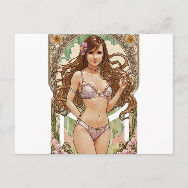 Cartão Postal De Festividades Arte de estilo Happy Brunette V2 Mucha (Frente)