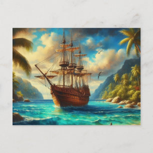 Cartão Postal De Festividades Arte de navio de Caribe/praia tropical
