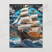 Arte de papel 3d, navio à vela no oceano tempestuo
