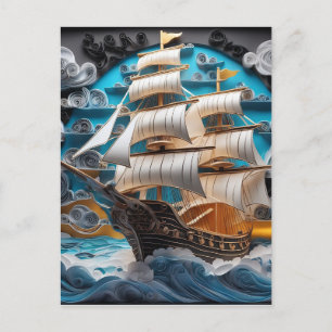 Cartão Postal De Festividades Arte de papel 3d, navio à vela no oceano tempestuo