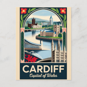 Cartão Postal De Festividades Arte de Poster de Viagem Retro de Cardiff País de 