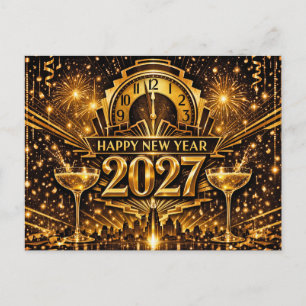 Cartão Postal De Festividades Arte Deco Ousada Cidade Ano Novo 2027 Dourado