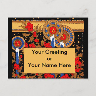 Cartão Postal De Festividades Arte Deco Velas de Natal e Holly