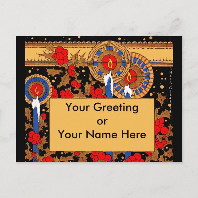 Cartão Postal De Festividades Arte Deco Velas de Natal e Holly (Frente)