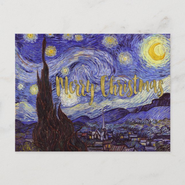 Cartão Postal De Festividades Arte do ouro do Feliz Natal da noite estrelado de (Frente)