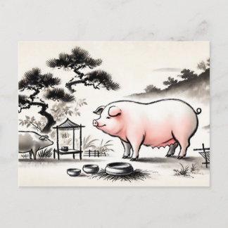 Cartão Postal De Festividades Arte em tinta do Porco Contente no Chiquero com Ja